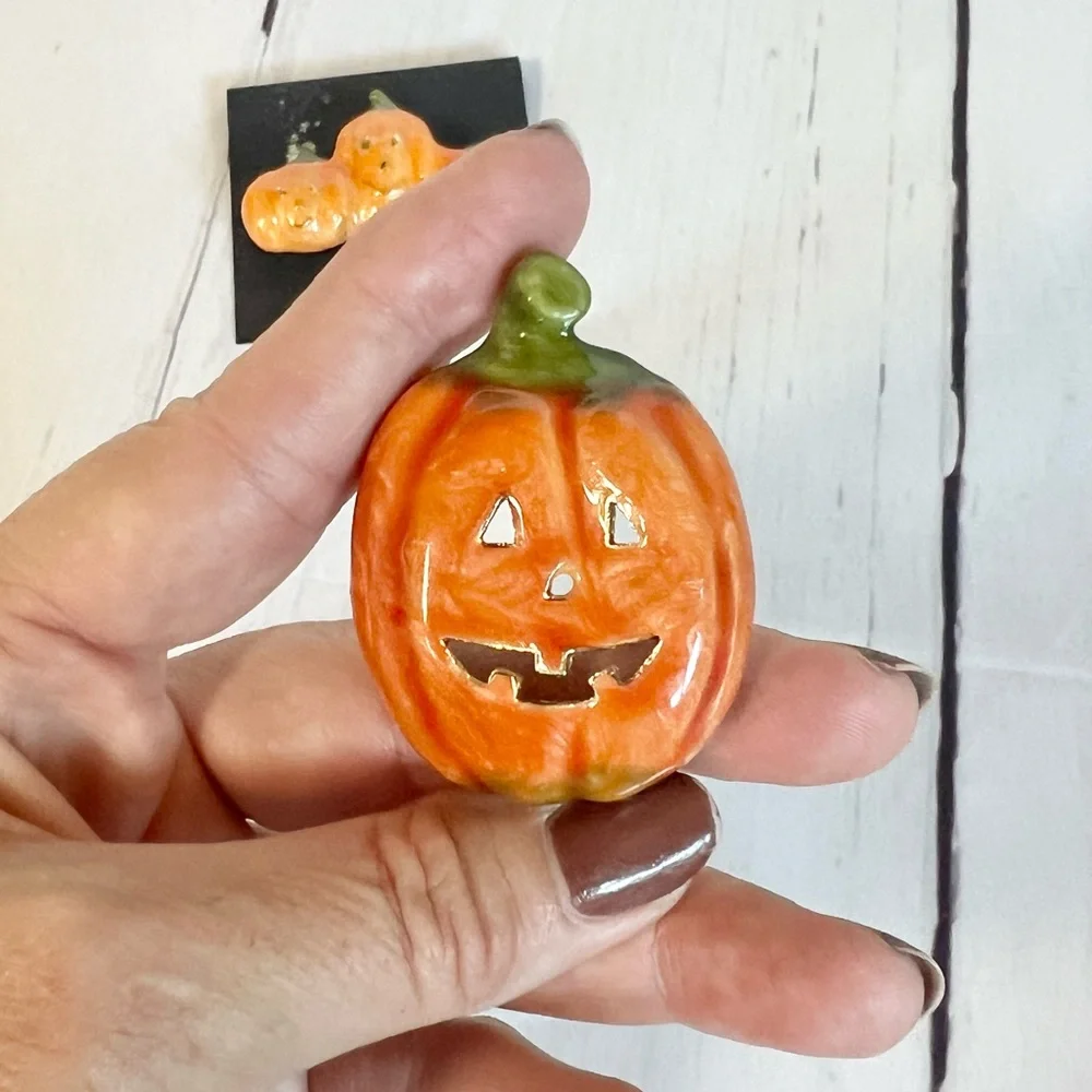 Vintage Halloween Pumpkin Brooch Pin Set Enamel Jack O Lantern Fall